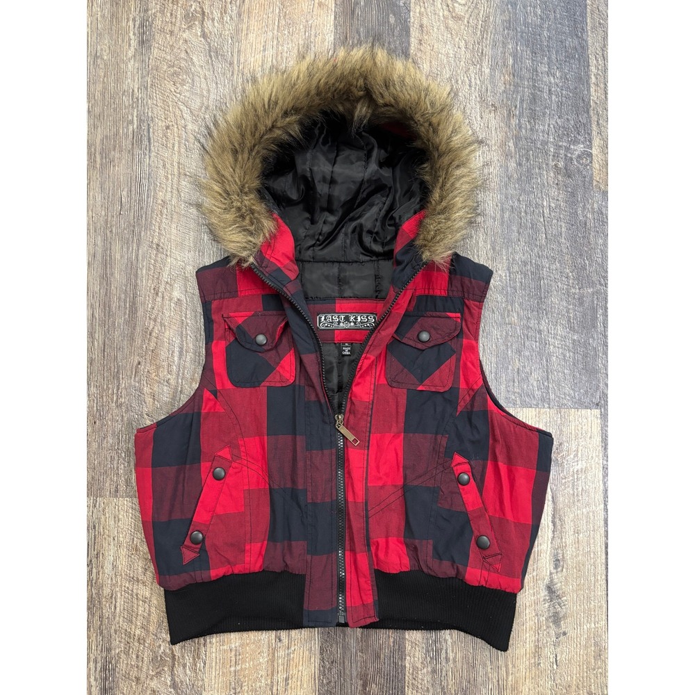 Last Kiss Red Black Buffalo Plaid Hooded‎ Puffer Vest Faux Fur Trim XL 9774BC2